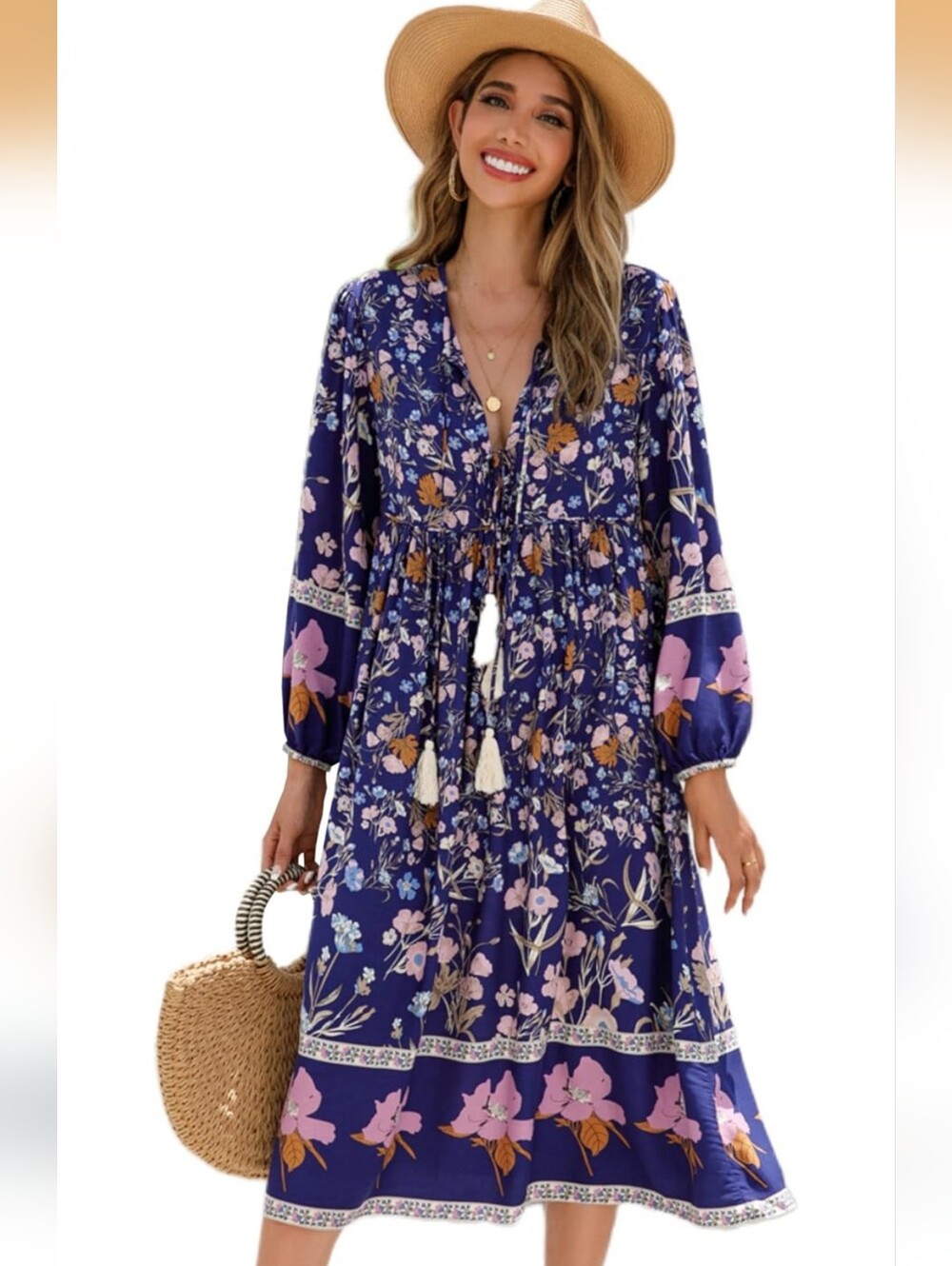 R.Vivimos Long Sleeve Floral Boho Summer Dress Size 2XL Plus Tassles Rayon - Picture 1 of 5